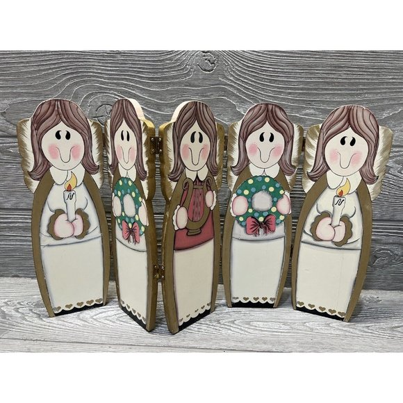 Other - Vintage Wooden Painted Angels Folding Screen Retro Christmas Holiday 12” X 20”
